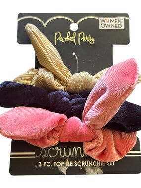 4/$20 Packed Party Pink, Navy & Gold Velvet Top Tie Scrunchie Set